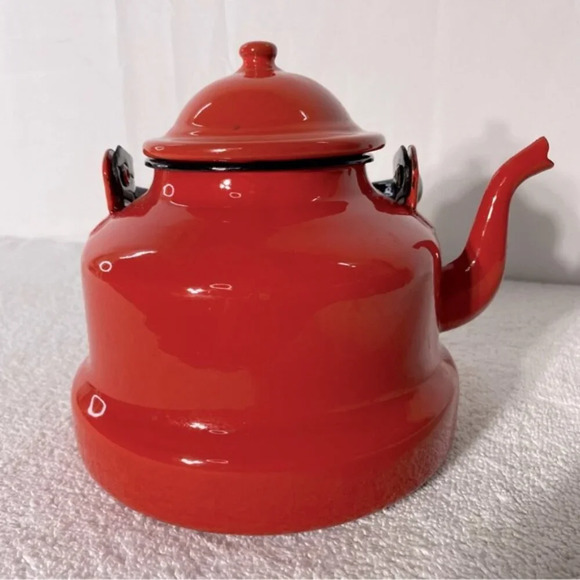 Vintage Red Enamel Kettle Teapot With Handle - Picture 5 of 14
